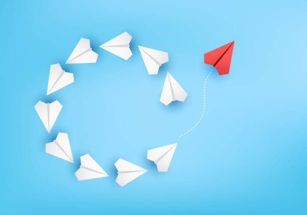 istock Business creative idea minimal concept plane 3D paper, group of paper plane in one direction, one individual pointing in the different way. plane 3D on blue paper for business new idea creativity innovative 1325383061