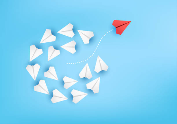 istock Business creative idea minimal concept plane 3D paper, group of paper plane in one direction, one individual pointing in the different way. plane 3D on blue paper for business new idea creativity innovative 1325383905