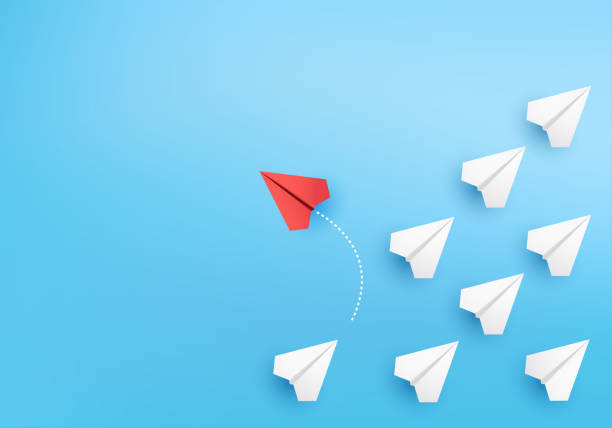 istock Business creative idea minimal concept plane 3D paper, group of paper plane in one direction, one individual pointing in the different way. plane 3D on blue paper for business new idea creativity innovative 1325384061