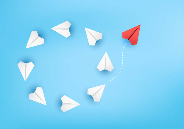 istock Business creative idea minimal concept plane 3D paper, group of paper plane in one direction, one individual pointing in the different way. plane 3D on blue paper for business new idea creativity innovative 1325384065