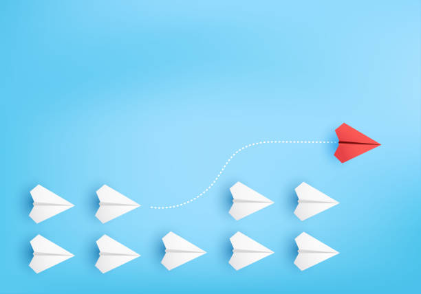 istock Business creative idea minimal concept plane 3D paper, group of paper plane in one direction, one individual pointing in the different way. plane 3D on blue paper for business new idea creativity innovative 1325384096