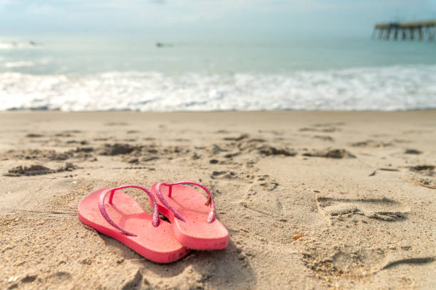istock A pair of flip-flops on a sandy beach on Atlantic ocean 1325385644
