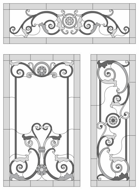 illustrazioni stock, clip art, cartoni animati e icone di tendenza di pannello in vetro colorato in cornice rettangolare. finestra classica, arrangiamento floreale astratto di boccioli e foglie in stile art nouveau. set di vetrate. - stainedglass