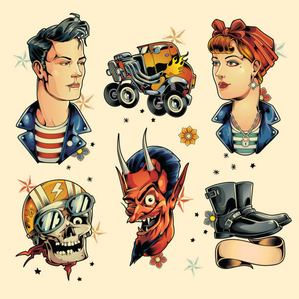 Rockabilly old school style tattoo set Set of traditional tattoos in rockabilly theme pin up girls and cars stock illustrations