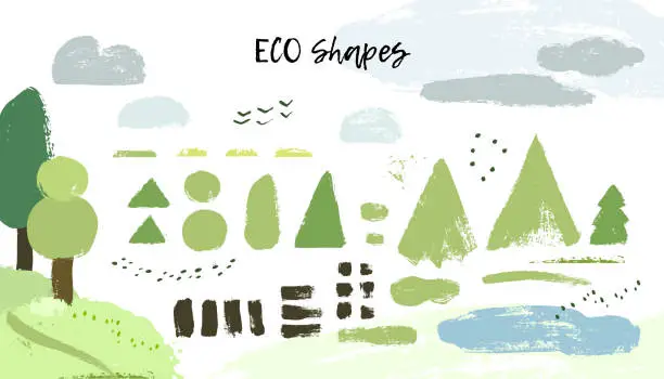 Vector illustration of Vector artistic landscape consructor kit. Textured irregular shapes.