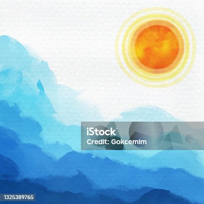 istock Blue and Turquoise Watercolor Waves and Shining Sun on White Textured Paper Background. Border of hues of blue paint splashing droplets. Watercolor strokes design element. Blue colored hand painted abstract texture. 1325389765