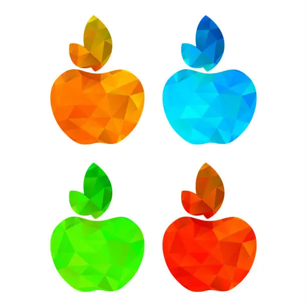 Vector illustration of four vector polygonal apple red blue orange and yellow