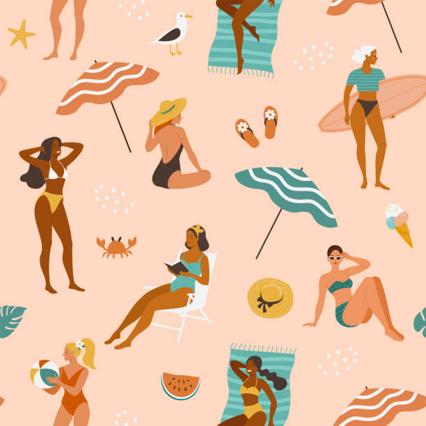 ilustraciones, imágenes clip art, dibujos animados e iconos de stock de patrón de chicas de verano. - beach women swimwear summer