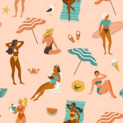 Vector seamless pattern with young cartoon women in swimsuits spending time on a beach in different actions: standing, sitting, laying.