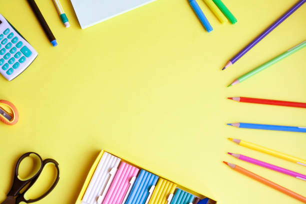 istock Back to school background, stationery on a yellow background, flat lay, copy space 1325394583