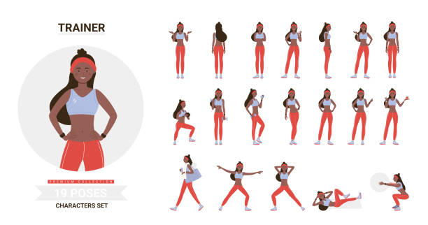 ilustrações de stock, clip art, desenhos animados e ícones de african american black fitness trainer woman workout poses set - instructor exercising gym women