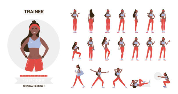 African american black fitness trainer woman workout poses set African american black fitness trainer woman poses in workout vector illustration set. Cartoon blonde character posing, training, doing sport gymnastic exercises in gym with ball, dumbbells isolated gym clipart stock illustrations