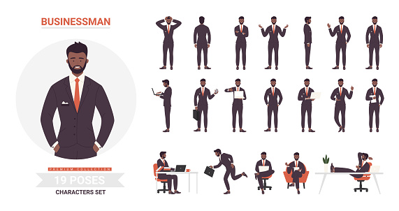 African american black businessman poses vector illustration set. Cartoon bearded business office worker in black formal suit standing or running, executive young man employee in work or rest isolated