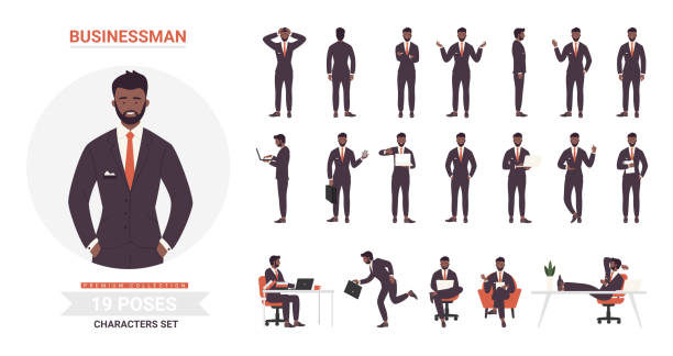 African american black businessman poses set African american black businessman poses vector illustration set. Cartoon bearded business office worker in black formal suit standing or running, executive young man employee in work or rest isolated portrait stock illustrations