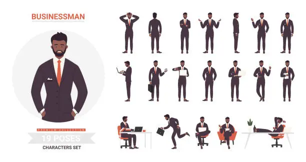 Vector illustration of African american black businessman poses set