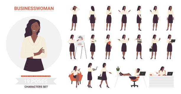 ilustraciones, imágenes clip art, dibujos animados e iconos de stock de personaje de empresaria negra afroamericana plantea conjunto de infografías - ejecutiva ilustraciones