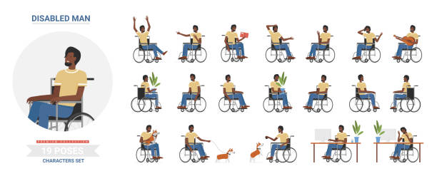 stockillustraties, clipart, cartoons en iconen met african american black disabled man poses set - zwaaien gebaren
