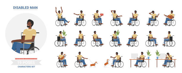 ilustrações de stock, clip art, desenhos animados e ícones de african american black disabled man poses set - animal cell illustrations