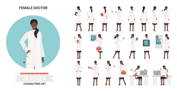 African american black doctor or nurse female character poses set African american black doctor or nurse female poses vector illustration set. Cartoon doctor medical professional staff with stethoscope emergency bag posing work, medicine profession poses isolated nurse clipart stock illustrations