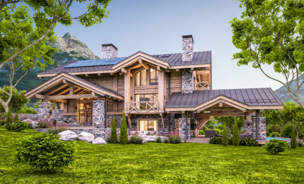 istock 3d rendering of modern cozy chalet in evening 1325395775