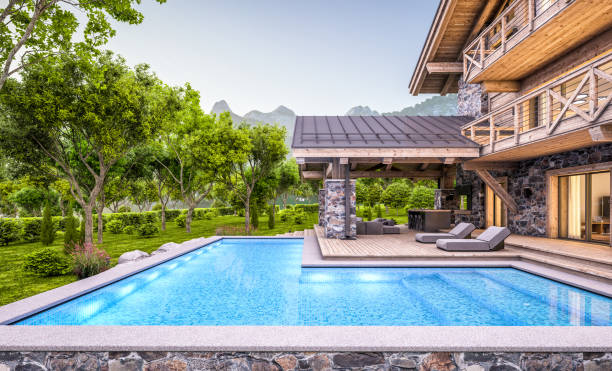 istock 3d rendering of modern cozy chalet in evening 1325395849