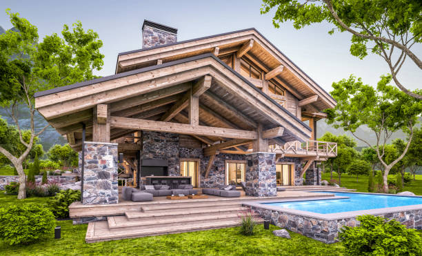 istock 3d rendering of modern cozy chalet in evening 1325395852
