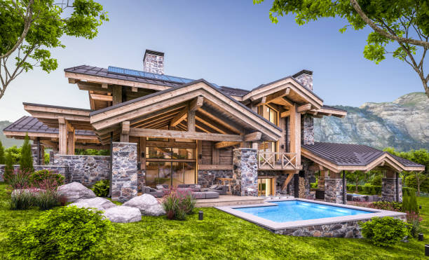 istock 3d rendering of modern cozy chalet in evening 1325395855
