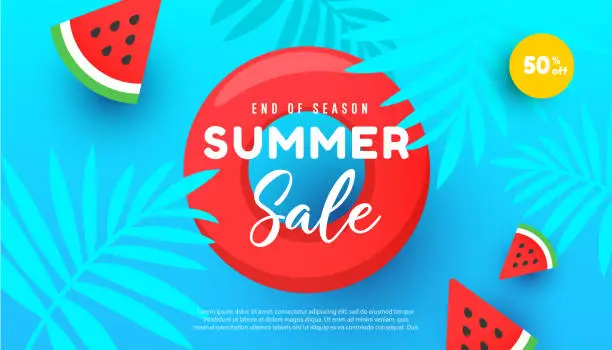 Vector illustration of Summer sale vector illustration with tropical leaves, watermelon slices pattern background.