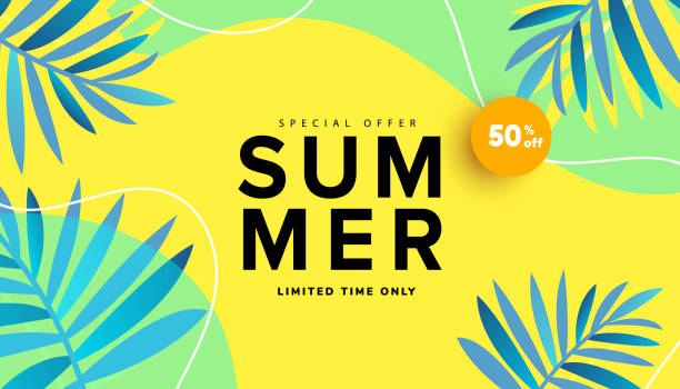 stockillustraties, clipart, cartoons en iconen met summer sale editable template banner with fluid liquid elements, tropical leaves and bubble forms for flyer, invitation, poster, website or greeting card. - zomer