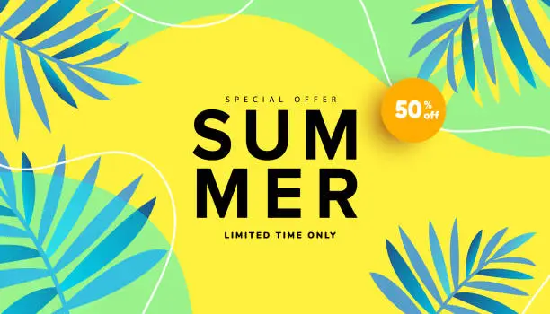 Vector illustration of Summer sale editable template banner with fluid liquid elements, tropical leaves and bubble forms for flyer, invitation, poster, website or greeting card.