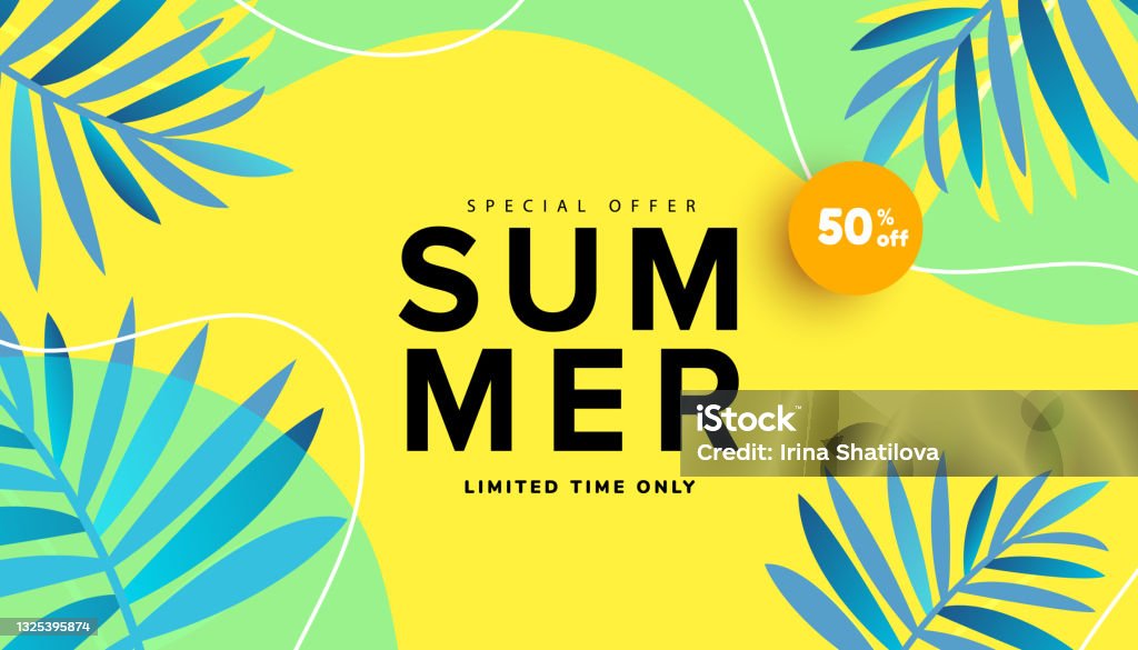 Summer sale editable template banner with fluid liquid elements, tropical leaves and bubble forms for flyer, invitation, poster, website or greeting card. - 免版稅夏天圖庫向量圖形