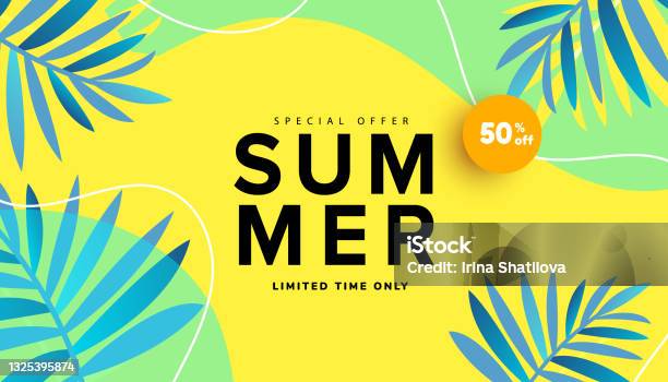 Summer Sale Editable Template Banner With Fluid Liquid Elements Tropical Leaves And Bubble Forms For Flyer Invitation Poster Website Or Greeting Card向量圖形及更多夏天圖片