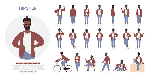 African american black hipster man poses vector illustration set. Cartoon bearded male character casual clothes standing sitting, young handsome guy model posing in different poses gestures isolated