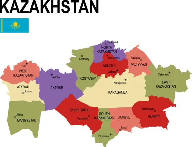 Vector illustration of Kazakhstan colorful flat map with flag