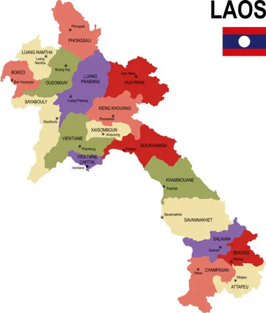 Vector illustration of Laos colorful flat map with flag