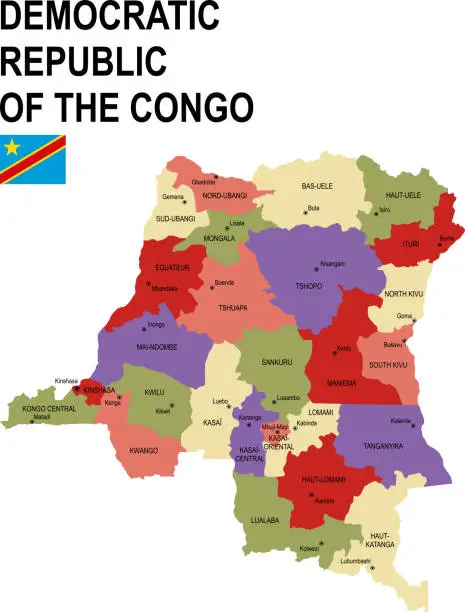 Vector illustration of Democratic Republic of the Congo colorful flat map with flag
