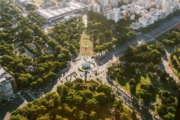 Aerial view of Buenos Aires cityscape and public park Buenos Aires Cityscape, Monument to La Carta Magna and the Four Regions buenos aires stock pictures, royalty-free photos & images