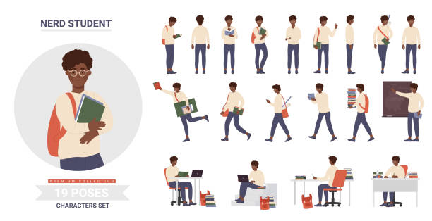 afroamerický černý teenager školní student pózuje set - sed fyzická pozice stock ilustrace