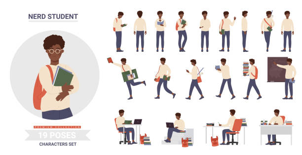 African american black teenager school student poses set African american black teenager school student poses vector illustration set. Cartoon intelligent smart casual boy character with glasses, backpack and books studying and posing in front isolated student stock illustrations