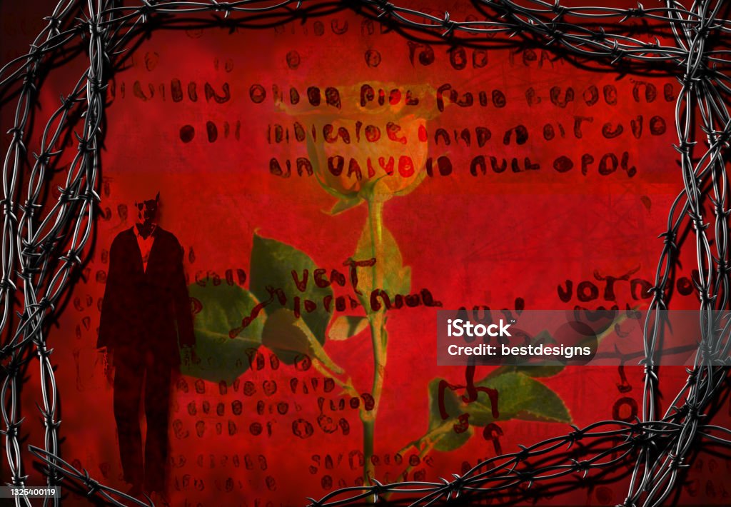 Red Rose and Barbed Wire Red rose and barbed wire frame. Skeleton and mysterious script. 3D rendering. Mystery Stock Photo