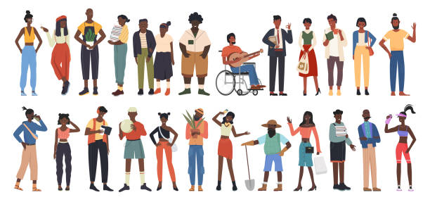 ilustraciones, imágenes clip art, dibujos animados e iconos de stock de comunidad de personas afroamericanas, conjunto de grupos de diversidad, personajes con ropa casual - afro man