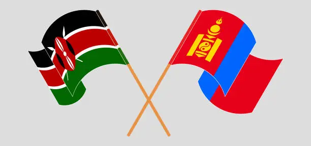 Vector illustration of Crossed and waving flags of Kenya and Mongolia