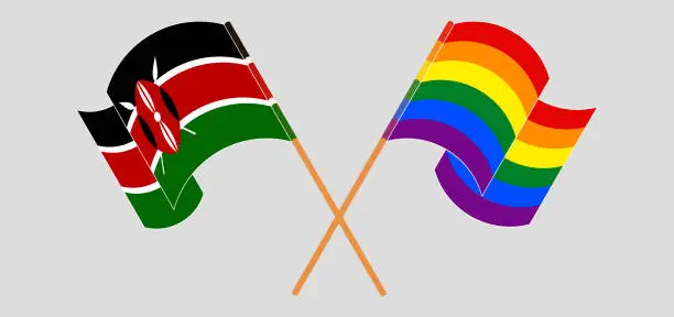 Vector illustration of Crossed and waving flags of Kenya and LGBTQ