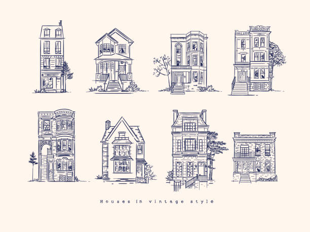 House vintage style dark blue Set of houses drawing in old fashioned vintage style with dark blue color victorian houses exterior stock illustrations