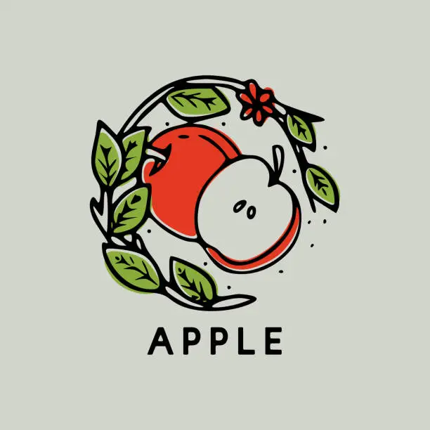 Vector illustration of Red apple with leaf vintage hand drawn illustration