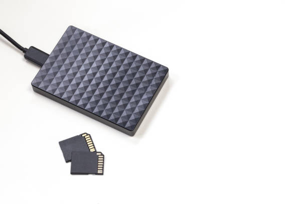 istock Storage device black external hard drive and sd Cards isolated on white background, Computer and Laptop storage concept 1325403195