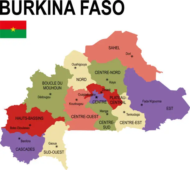 Vector illustration of Burkina Faso colorful flat map with flag