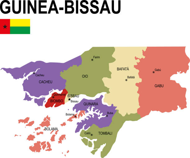 ilustraciones, imágenes clip art, dibujos animados e iconos de stock de guinea-bissau colorido mapa plano con bandera - guinea bissau flag