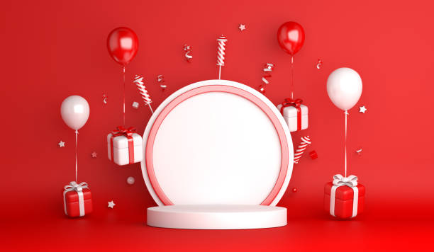 Indonesia independence day decoration display podium with balloon, firework rocket, confetti, copy space text, poland, monaco, 3D rendering illustration
