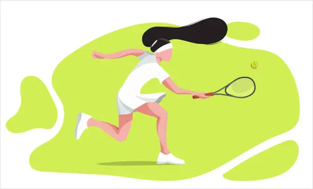 Vector illustration of woman playing professional big tennis on a court. tennis racket and ball. Sportsmen at the tennis tournament. A racquet sport played outdoors